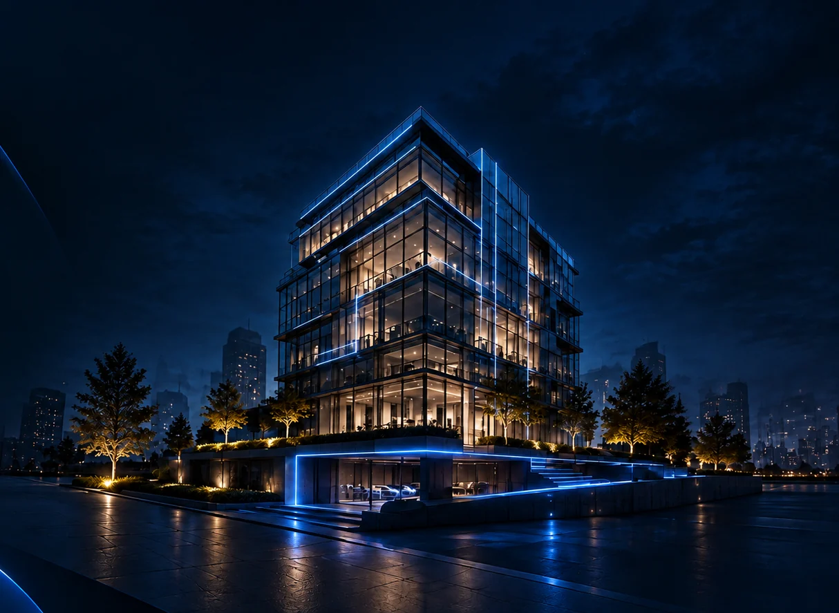 Glass office building at night with glowing blue automation lines