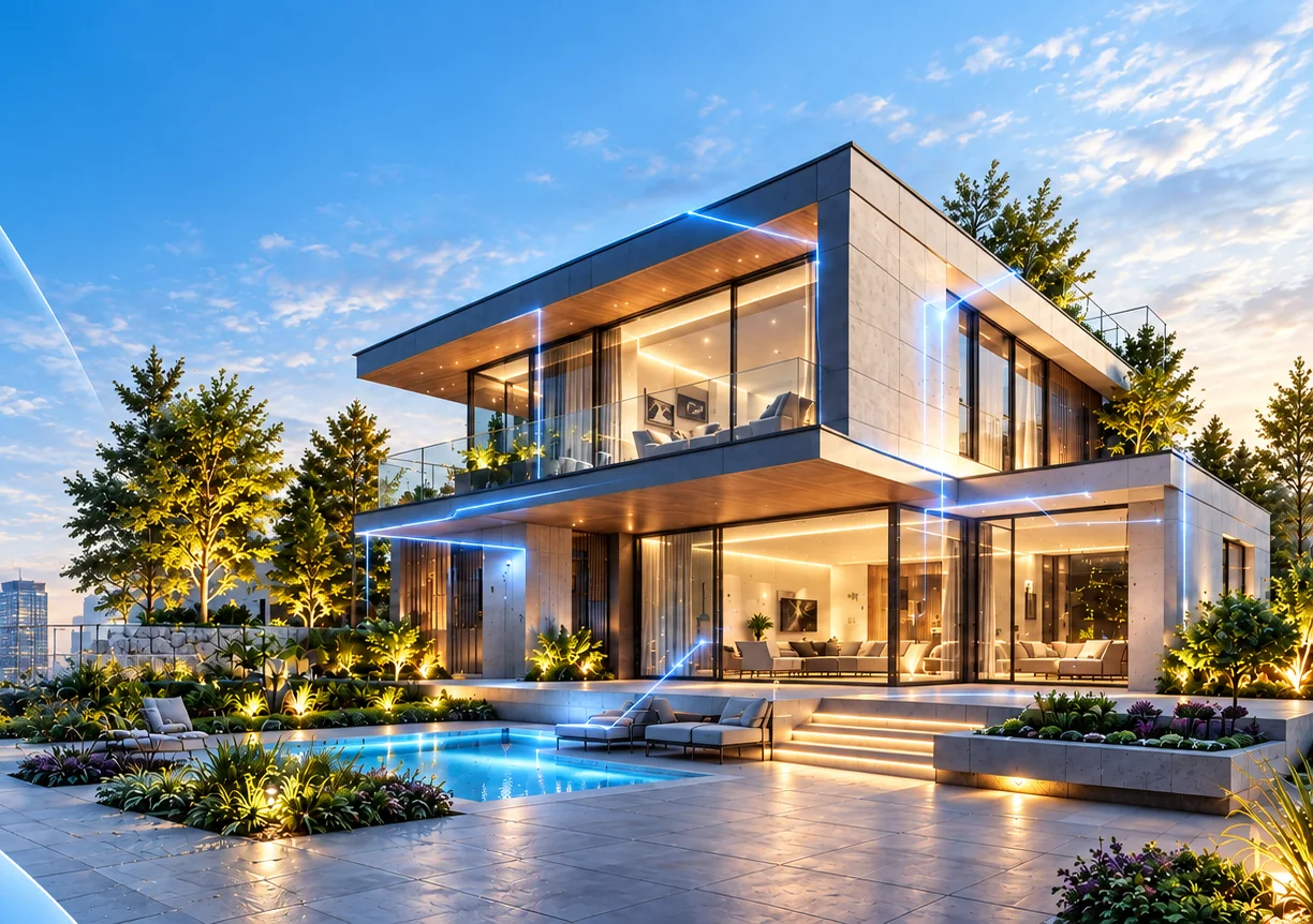 Modern villa at dusk with automation lines