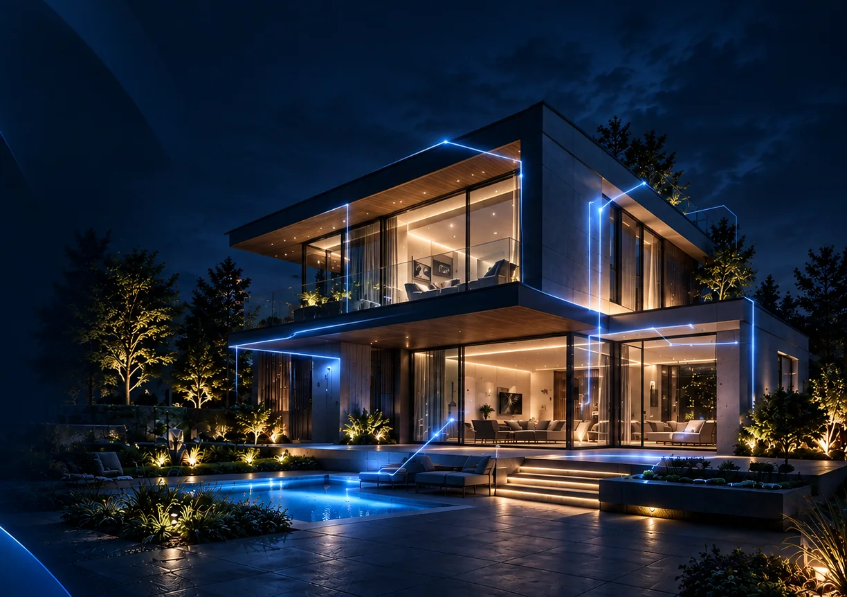 Modern villa at night with glowing blue automation lines