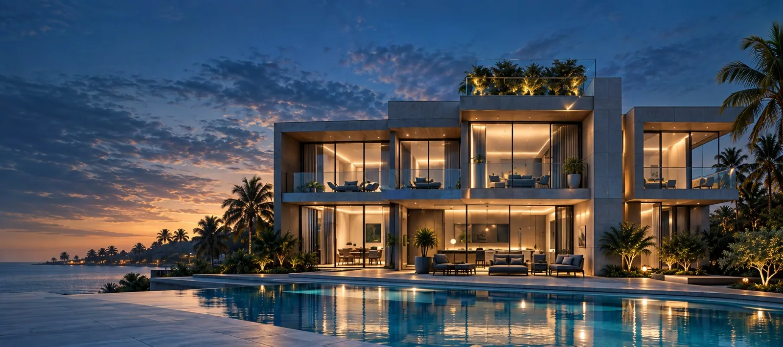 Modern villa at dusk with automated rooms